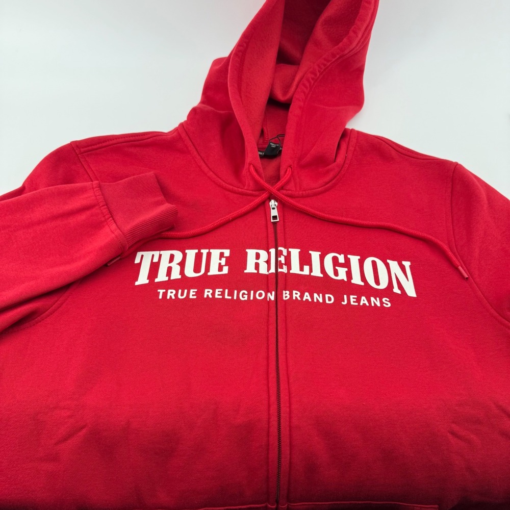 True Religion Mens Red Logo Full Zip Graphic Fleece Hoodie Large NEW